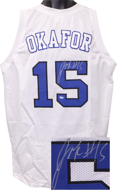 Picture of Athlon Sports CTBL-016880R Jahlil Okafor Signed White Custom Stitched College Basketball Jersey No.15 - Final Four-Silver Sig - Schwartz Hologram&#44; Extra Large