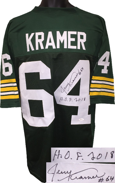 Picture of Athlon Sports CTBL-022058 Jerry Kramer Signed Green TB Custom Stitched Pro Style Football Jersey No.64 - HOF 2018 - JSA Witnessed Hologram, Extra Large