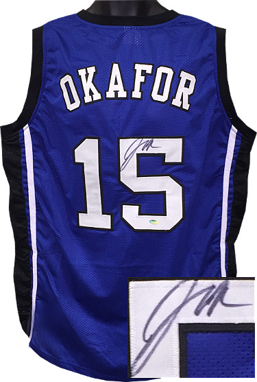 Picture of Athlon Sports CTBL-017470R Jahlil Okafor Signed Blue Custom Stitched College Basketball Jersey - Schwartz Hologram&#44; Extra Large