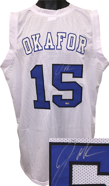 Picture of Athlon Sports CTBL-017472R Jahlil Okafor Signed White Custom Stitched College Style Basketball Jersey - Final Four-White Letters- Schwartz Hologram&#44; Extra Large