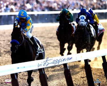 CTBL-022528 16 x 20 in. 2015 Belmont Stakes Final Stretch Horse Racing Triple Crown Steiner Holo American Pharoah Signed Photo with Victor Espinoza