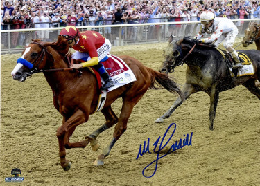 CTBL-022551 16 x 20 in. Triple Crown Steiner Hologram Mike E. Smith Signed Justify 2018 Belmont Stakes Photo
