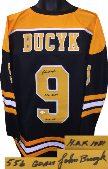 Picture of Athlon Sports CTBL-022454 JSA Witnessed Hologram Johnny Bucyk Signed Black TB Custom Stitched Pro Hockey Jersey with Dual HOF 1981 & 556 Goals - Extra Large