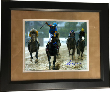 Picture of Athlon Sports CTBL-022556 11 x 14 in. American Pharoah Signed Suede Mat Custom Framed 2015 Preakness Horse Racing Triple Crown Photo with Victor Espinoza - Steiner