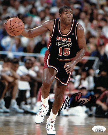 CTBL-J16944 Magic Johnson Signed Team USA Olympic Dream Team 8 x 10 in. Photo - JSA Hologram - Navy Jersey Dribble