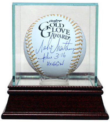 Picture of Athlon Sports CTBL-G22624 Mike Matheny Signed Official Major League Gold Glove Award Baseball Dual John 3 isto 16 4X GGW with Glass Case - St. Louis Cardinals