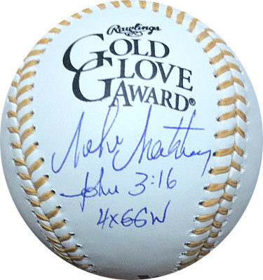 Picture of Athlon Sports CTBL-022624 Mike Matheny Signed Official Major League Gold Glove Award Baseball Dual John 3 isto 16 4X GGW - St. Louis Cardinals