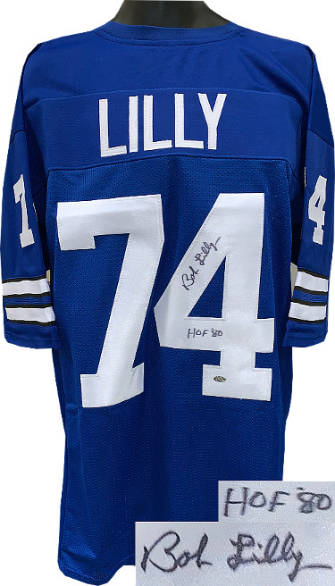 Picture of Athlon Sports CTBL-023172 Bob Lilly Signed Blue Throwback Custom Stitched Pro Style Football Jersey&#44; Extra Large - HOF 80 - Leaf Authentics Hologram