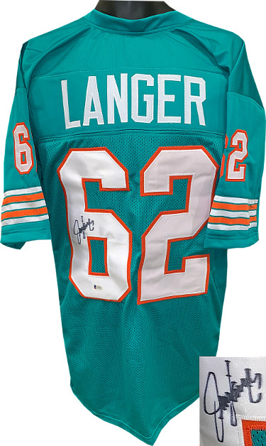 Picture of Athlon Sports CTBL-023511 Jim Langer Signed Teal Throwback Custom Stitched Pro Style Football Jersey with Black Signature&#44; Extra Large - Beckett Hologram No. C98937