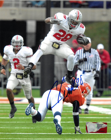 Picture of Athlon Sports CTBL-023990 8 x 10 in. Chris Beanie Wells Signed Ohio State Buckeyes Photo No. 28&#44; Leap vs Illinois - Blue Signed