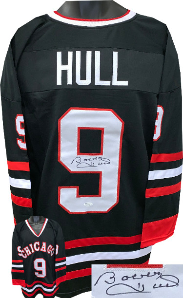 Picture of Athlon Sports CTBL-022803 Bobby Hull Signed Black Throwback Custom Stitched Pro Hockey Jersey, Extra Large - JSA Hologram
