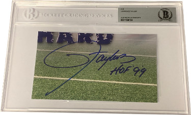 Picture of Athlon Sports CTBL-024559 Lawrence Taylor Signed 3 x 5 in. Cut Signature HOF 99- Beckett BAS New York Giants