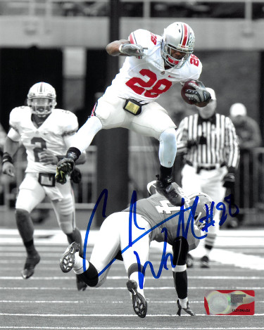 CTBL-024038 Chris Beanie Wells Signed Ohio State Buckeyes Spotlight 8 x 10 in. Photo No.28 Leap vs Illinois-Blue Sig