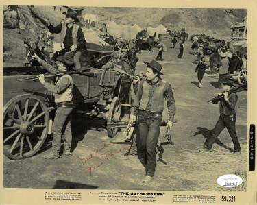 CTBL-027815 Fess Parker Signed 1959 The Jayhawkers Vintage B&W 8 x 10 in. Photo Best Wishes - JSA No.II11660 - Imperfect