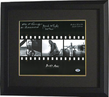 CTBLaBB27631 Steve Pisanos-Frank McCauley-Richard Fleischer Signed WWll P-47 Ace Pilots 11 x 14 in. Filmstrip Photo Custom Framing - 3 Signed - PSA