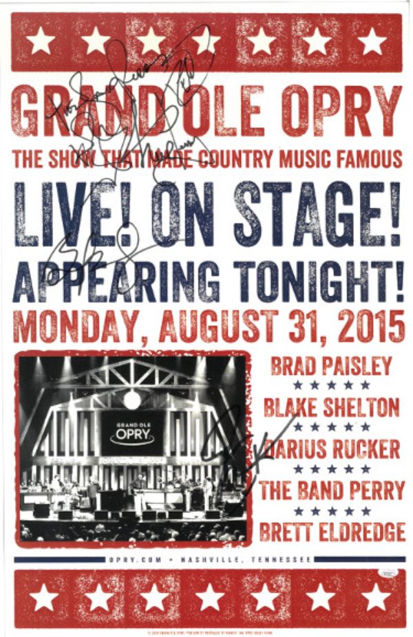 Picture of Athlon Sports CTBL-J29728 11 x 17 in. Darius Rucker&#44; Brad Paisley & The Band Perry Signed by 5 2015 Grand Ole Opry Hatch - JSA No. LL60433 Music Autograph Poster