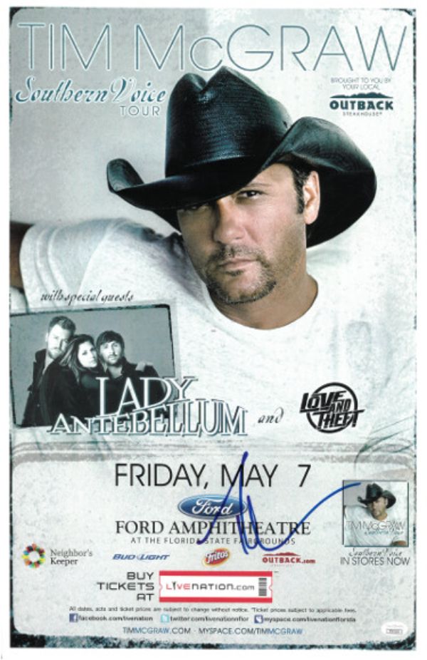 Picture of Athlon Sports CTBL-J29726 11 x 17 in. Tim Mcgraw Signed 2010 Southern Voice Tour Concert Poster Tampas Ford Amphitheatre- JSA No. Ll60432 Music Autograph Poster