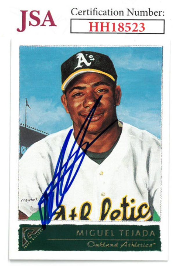 Picture of Athlon Sports CTBL-027576 Miguel Tejada Signed 2001 Topps Gallery&#44; No. 91- JSA No. HH18523 Oakland AS Baseball Card Autograph