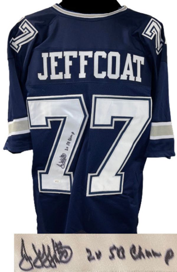 CTBL-029971 Jim Jeffcoat Signed Navy Custom Stitched Pro Style, No. 77 2X SB Champ - JSA Witnessed Football Jersey - Extra Large