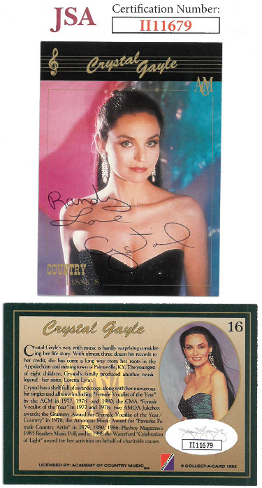 CTBL-023035 Crystal Gayle Signed 1992 Academy of Country Music Collect-A-Card No. 16 with Randy Love- JSA No. II11679 Music Autograph -  Athlon Sports, CTBL_023035