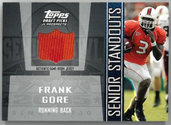 CTBL-029598 Frank Gore 2005 Topps Draft Picks & Prospects Senior Standouts Game Worn Jersey No. SS-FG Miami Hurricanes Autograph Football Cards