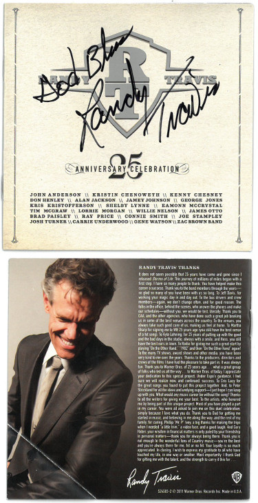 Picture of Athlon Sports CTBL-029736 Randy Travis Signed 2011 25Th Anniversary Celebration CD Cover with God Bless Minor Bend Country Music