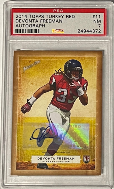 CTBL-030521 Devonta Freeman Signed 2014 Topps Turkey Red Card No. 11- PSA Graded NM 7 Atlanta Falcons Autograph Football Cards