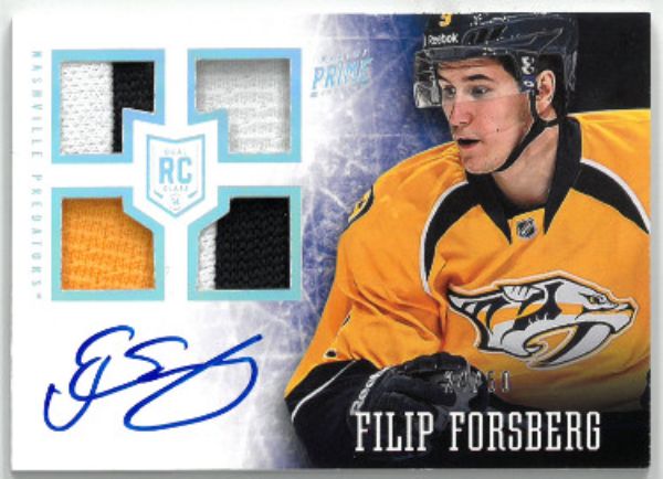 Picture of Athlon Sports CTBL-029752 Filip Forsberg Signed 2013-2014 Panini Prime Event Worn Material Rookie Card RC No. 132- 24 & 50 Nashville Predators Autograph Football Cards