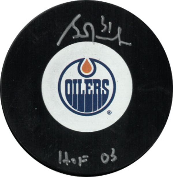 Picture of Athlon Sports CTBL-029993 Grant Fuhr Signed Edmonton Oilers Logo - No. 31 HOF 03- Beckett Witnessed Hockey Puck