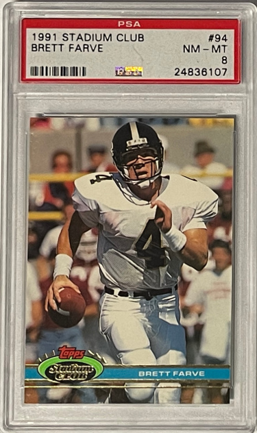 CTBL-030513 Brett Favre 1991 Topps Stadium Club RC No. 94- PSA Graded 8 NM-MT Atlanta Falcons Rookie Autograph Football Cards