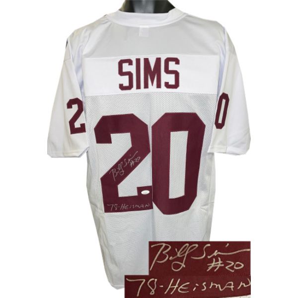 Picture of Athlon Sports CTBL-030967 Billy Sims Signed Oklahoma Stitched College Football Jersey, White - Number 20 - 78 Heisman - Extra Large - JSA Witnessed