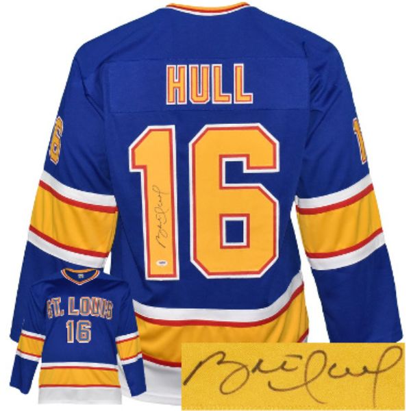 Picture of Athlon Sports CTBL-031576 Brett Hull Signed St. Louis Blues TB Stitched Pro Hockey Jersey&#44; Blue - Extra Large - PSA Witnessed