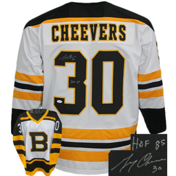 Picture of Athlon Sports CTBL-031582 Gerry Cheevers Signed Boston TB Stitched Pro Hockey Jersey&#44; White - Number 30 - HOF 85 - Extra Large - JSA Witnessed