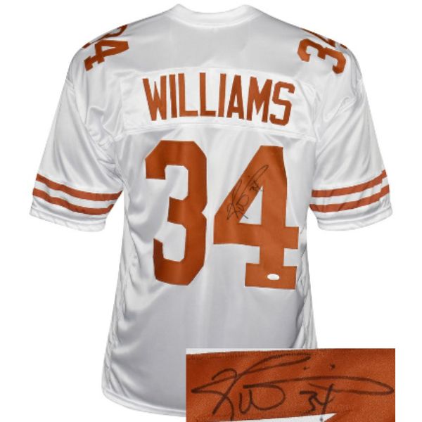 Picture of Athlon Sports CTBL-031588 Ricky Williams Signed Texas TB Stitched College Style Football Jersey, White - Extra Large - Number 34 - JSA Witnessed Hologram