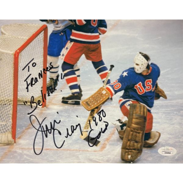 Picture of Athlon Sports CTBL-028501 8 x 10 in. Jim Craig Signed 1980 Team USA Olympic Photo&#44; To Frances 1980 GOLD - JSA - JJ96506 - Miracle on Ice