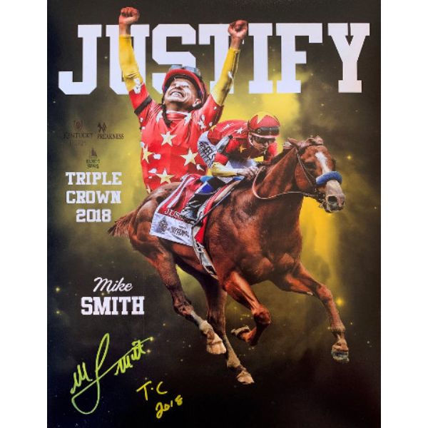 CTBL-030781 11 x 14 in. Mike E. Smith Signed Justify 2018 Triple Crown Winner Photo Collage, TC 2018 - AWM Hologram