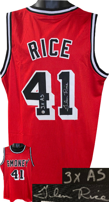 CTBL-030801 Glen Rice Signed Miami GMoney Pro Basketball Jersey, Red - Extra Large - 3X AS - AWM Hologram