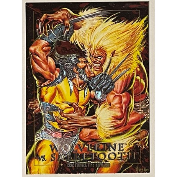 Picture of Athlon Sports CTBL-030835 1992 Marvel Masterpieces Skybox Battle Wolverine vs Sabertooth Number 3 D Foil & Etch Trading Card