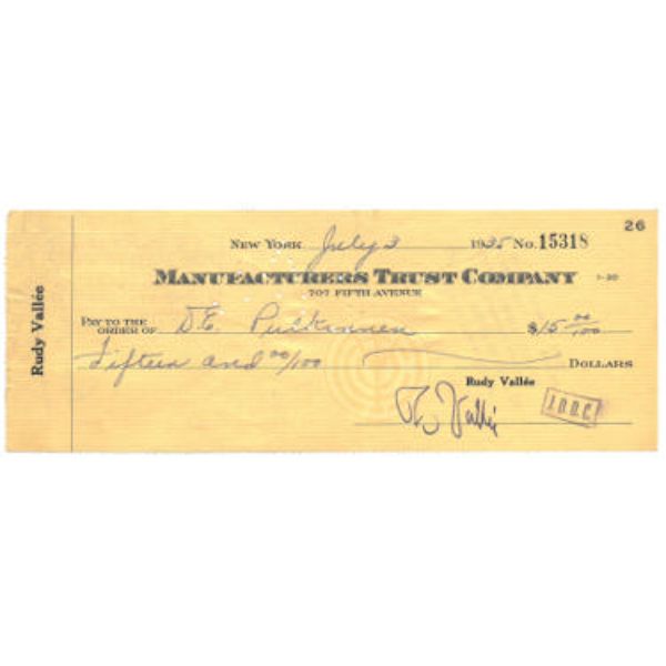 Picture of Athlon Sports CTBL-016381g Rudy Vallee Signed 1935 Manufacturers Cancelled Check, Band Leader - Actor - Music - Entertaiment Memorabilia