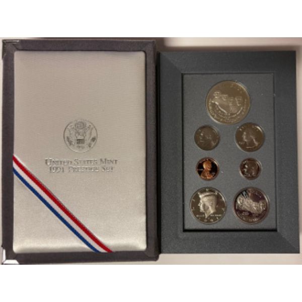 Picture of Athlon Sports CTBL-031944 1991-S US Mint Prestige Proof Set Mount Rushmore 90 Percent Silver Dollar&#44; 7 Coins with Original Box - COA