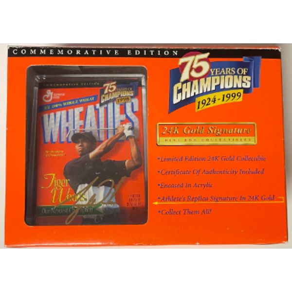 Picture of Athlon Sports CTBL-031951 4.25 x 3.25 in. Tiger Woods Mini Wheaties&#44; 24 Kt Gold Signature - Commemorative Edition - 75 Years of Champions 1924-1999 - Case
