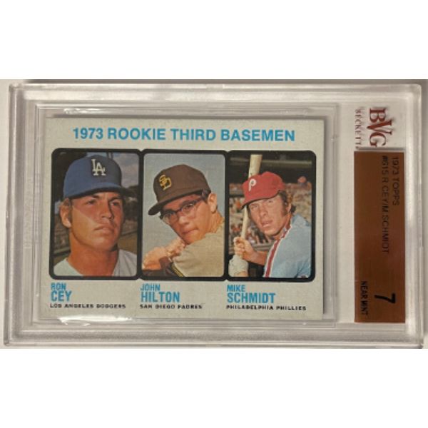 Picture of Athlon Sports CTBL-032677 Mike Schmidt 1973 Topps Rookie Card&#44; No.615 - BVG Graded 7 Near Mint - Sub grades - 9 Centering - Phillies - Ron Cey - John Hilton