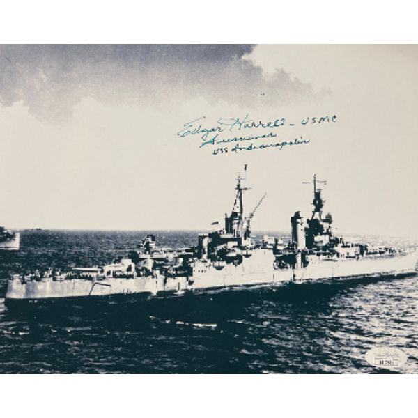 Picture of Athlon Sports CTBL-031004 8 x 10 in. Sergeant Edgar Harrell Signed WWII Vintage Black & White Photo&#44; USMC - JSA - No.SS17685 - USS Indianapolis Survivor Inscription