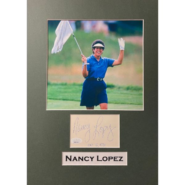 Picture of Athlon Sports CTBL-031859 8.5 x 11 in. Nancy Lopez Signed 3 x 5 in. Cut 1978 LPGA Championship Photo&#44; JSA - RR76718 - Dec 15 1978 Insscription - 11 x 16 in. Matted Frame