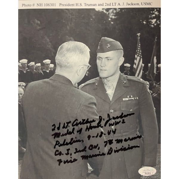 Picture of Athlon Sports CTBL-031491 8 x 10 in. 2nd Lieutenant Arthur J. Jackson Signed WWII Vintage Black & White Photo&#44; JSA - No.SS17692 -Peleliu - Marines - 9-18-44 - Medal of Honor with Truman