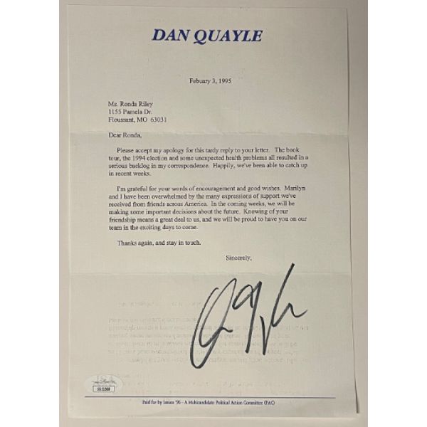 Picture of Athlon Sports CTBL-031604 Dan Quayle Signed 1995 Letter Personal Stationary, JSA - No.SS51568 - U.S. Vice President - U.S. Senator