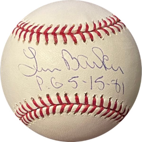 CTBL-032187 Len Barker Signed Official Rawlings Major League Baseball with PG 5-15-81- Tristar Hologram - Indians - Rangers - Braves - Brewers