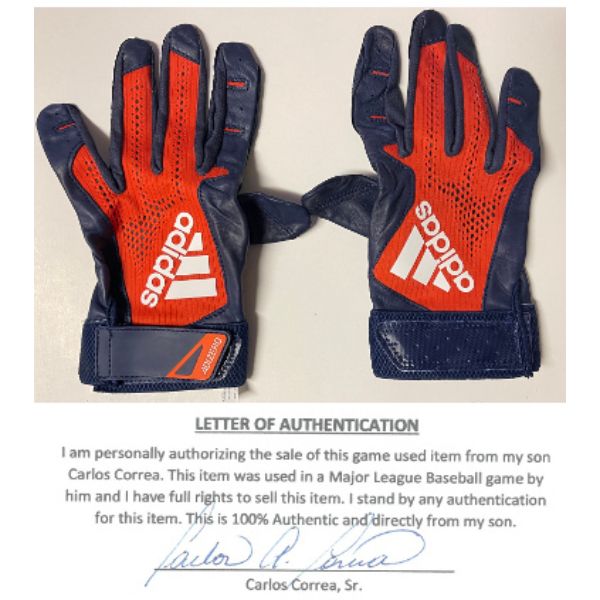 CTBL-032087 Carlos Correa Game Worn Used Adidas CC1 Batting Gloves, Navy & Orange - Extra Large - Set of 2