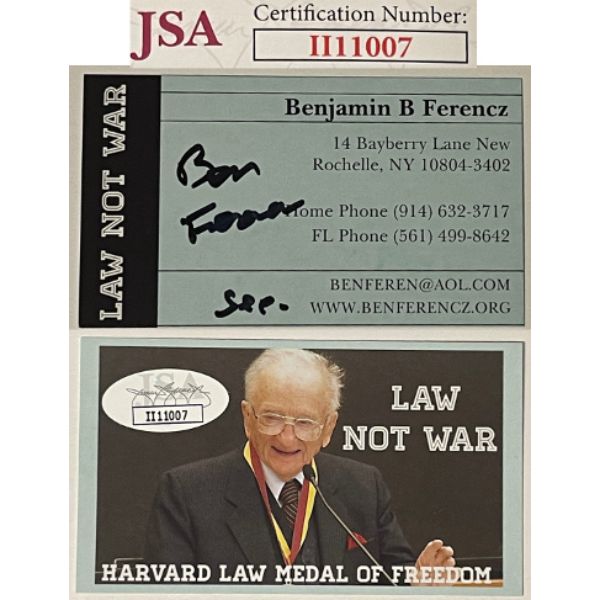 Picture of Athlon Sports CTBL-032142 2 x 3.5 in. Benjamin Ferencz Signed Law Not War Business Card&#44; JSA - No.II11007 - WWII Nuremberg Trials - Courtroom Prosecutor