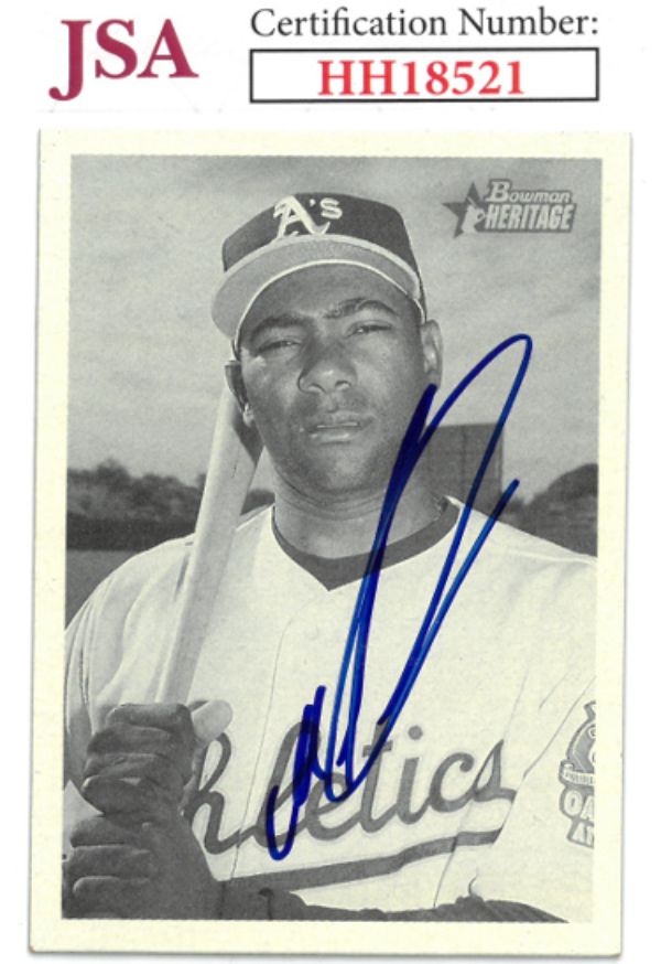 CTBL-027574 Miguel Tejada Signed 2001 Bowman Heritage No. 15- JSA No. HH18521 On Card Auto & Oakland Athletics Baseball Card
